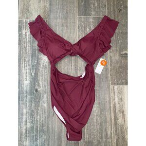 Charmo Women's Burgundy Ruffle Sleeve One-Piece Swimsuit UPF 50+ XL